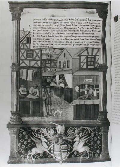 Eine Straße mit Geschäften und dem Wappen von Robert Stuart, Marechal d